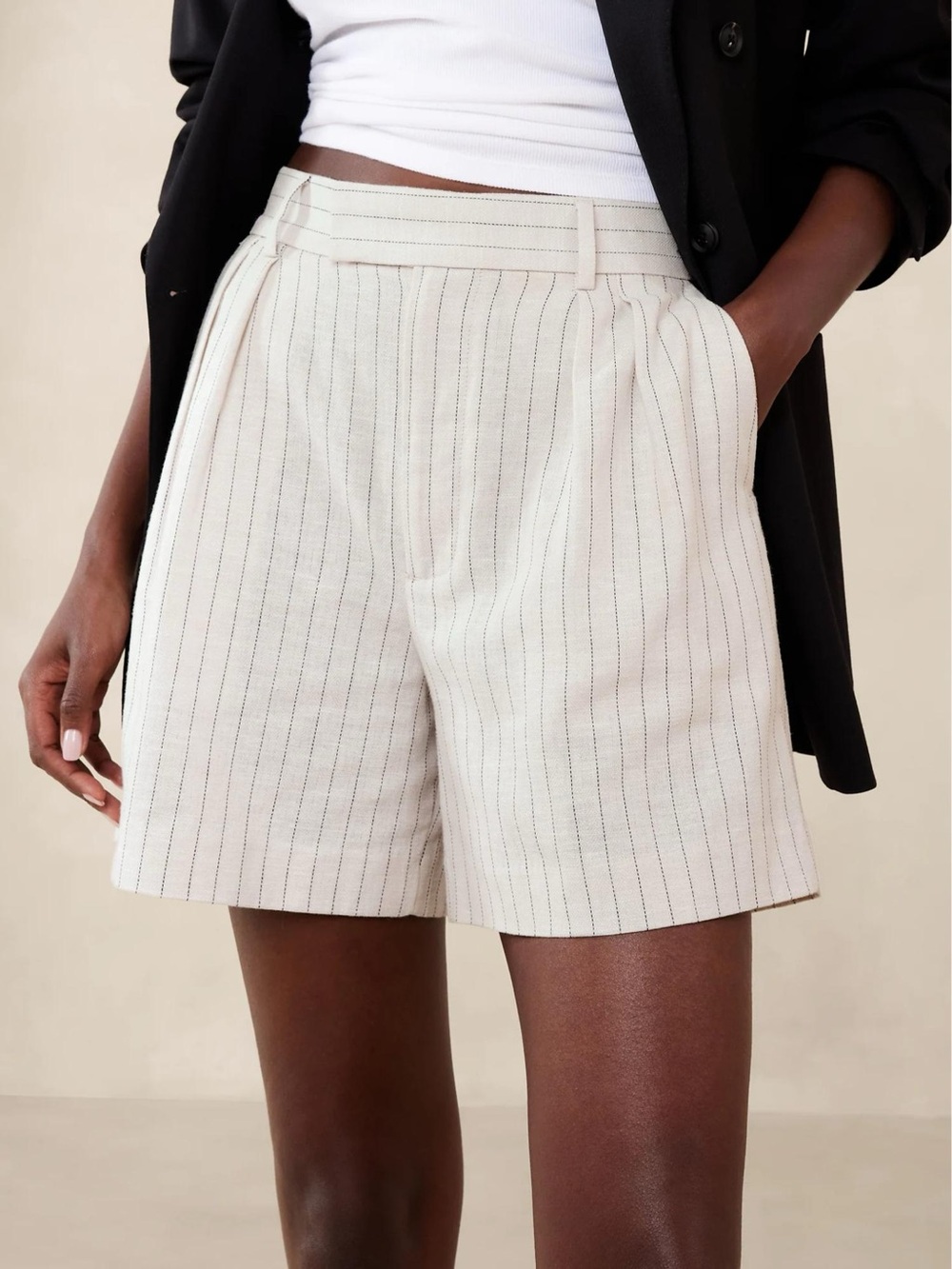 Tailored Pinstripe High-Waist Linen Blend Shorts - Cream